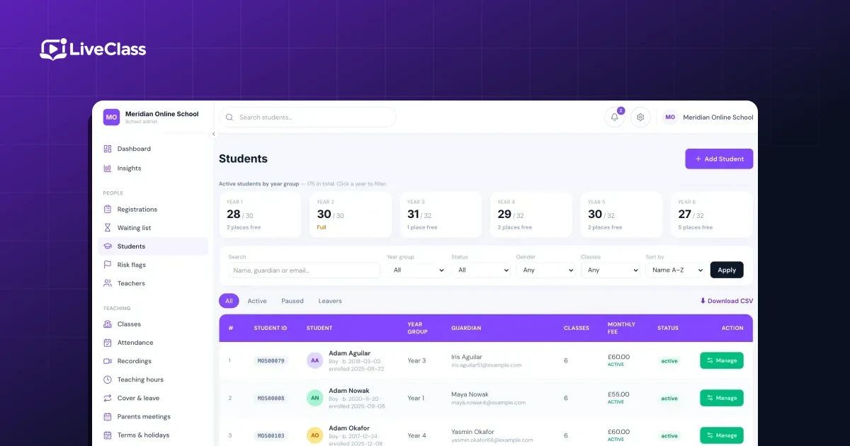 Online school admissions, from enquiry to first lesson — LiveClass