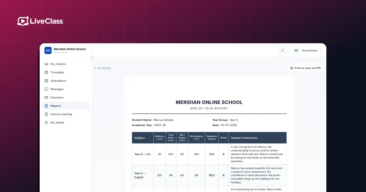Reporting to parents in an online school — LiveClass