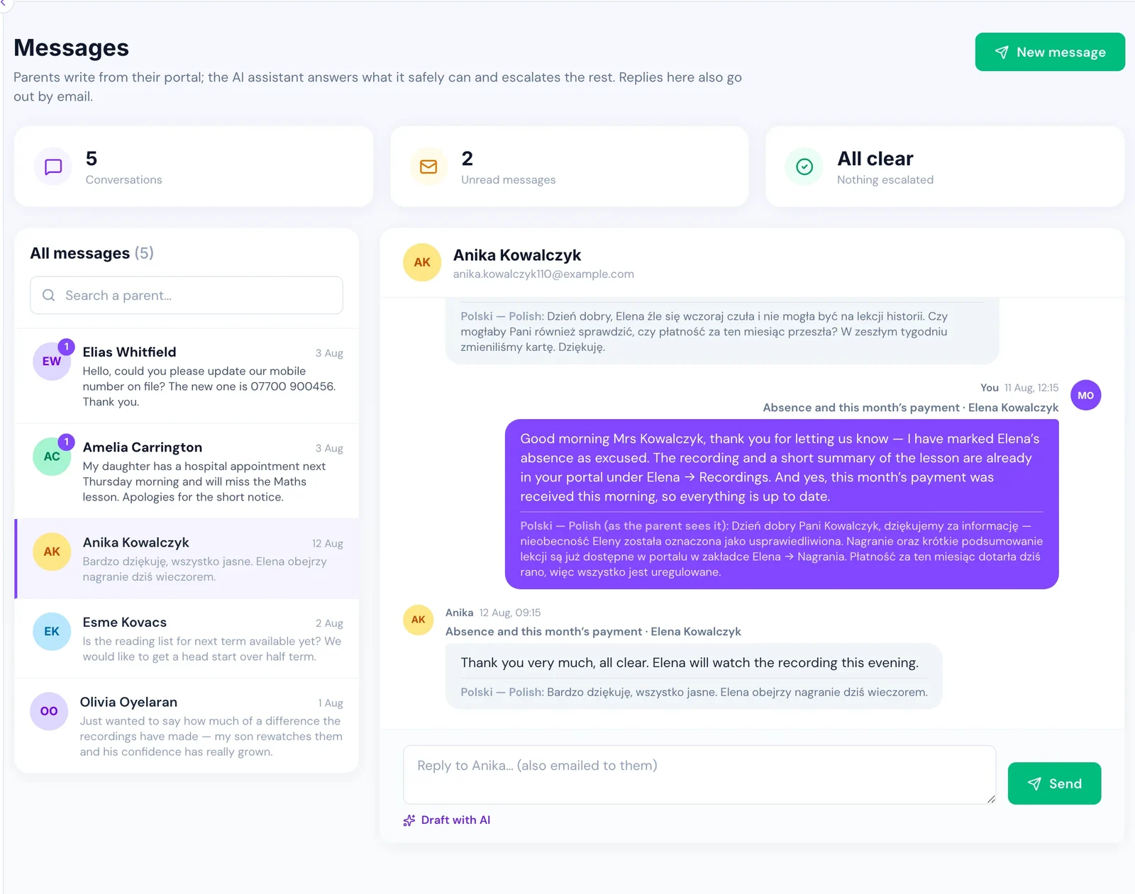A message thread shown translated into the recipient's language