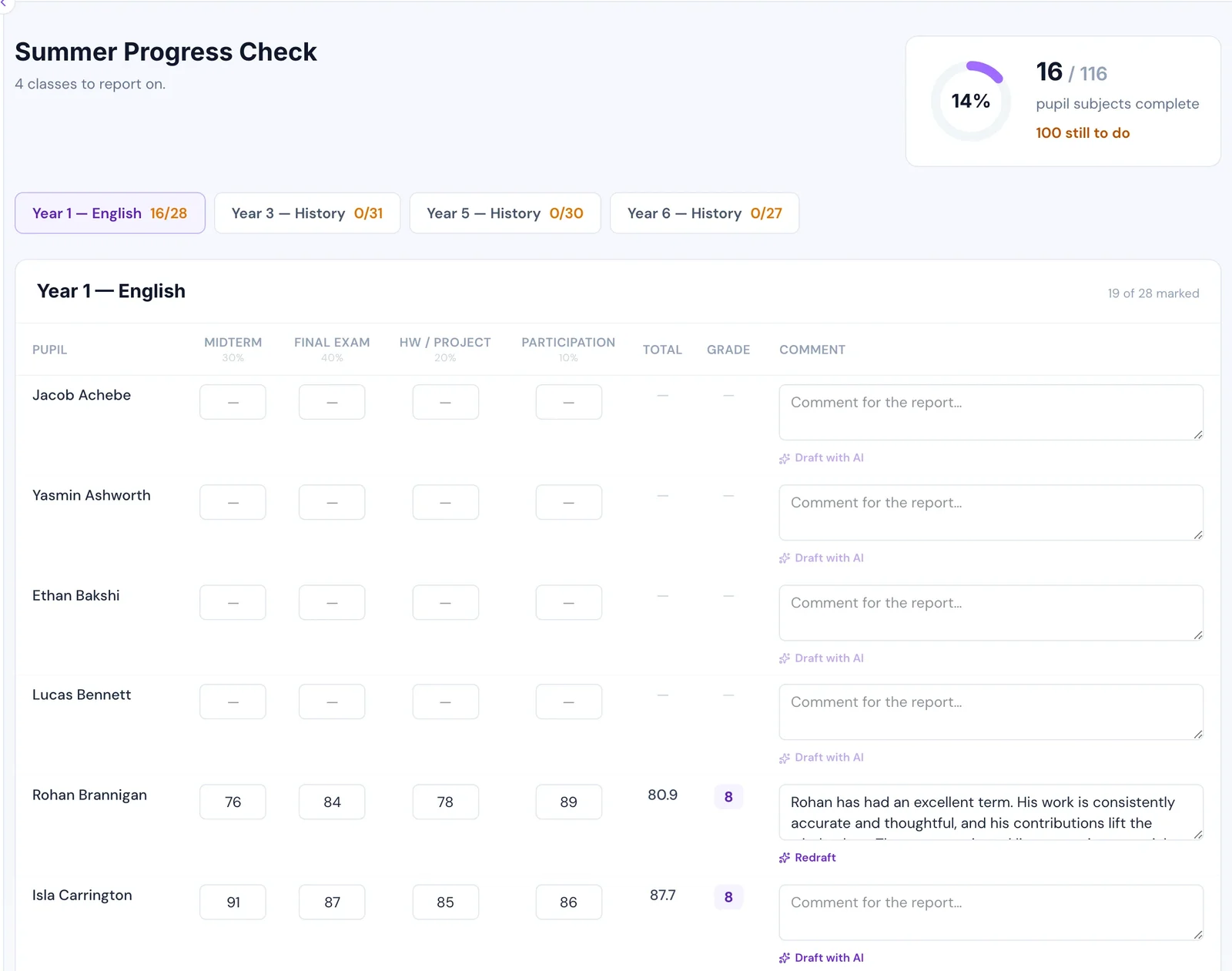 A markbook where teachers enter component marks before a report is generated