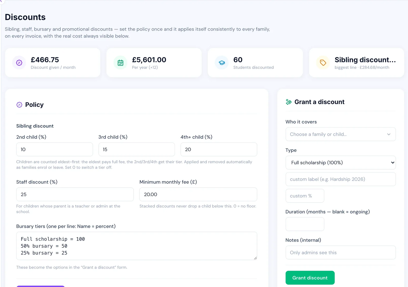A discounts screen showing sibling discounts applied per child