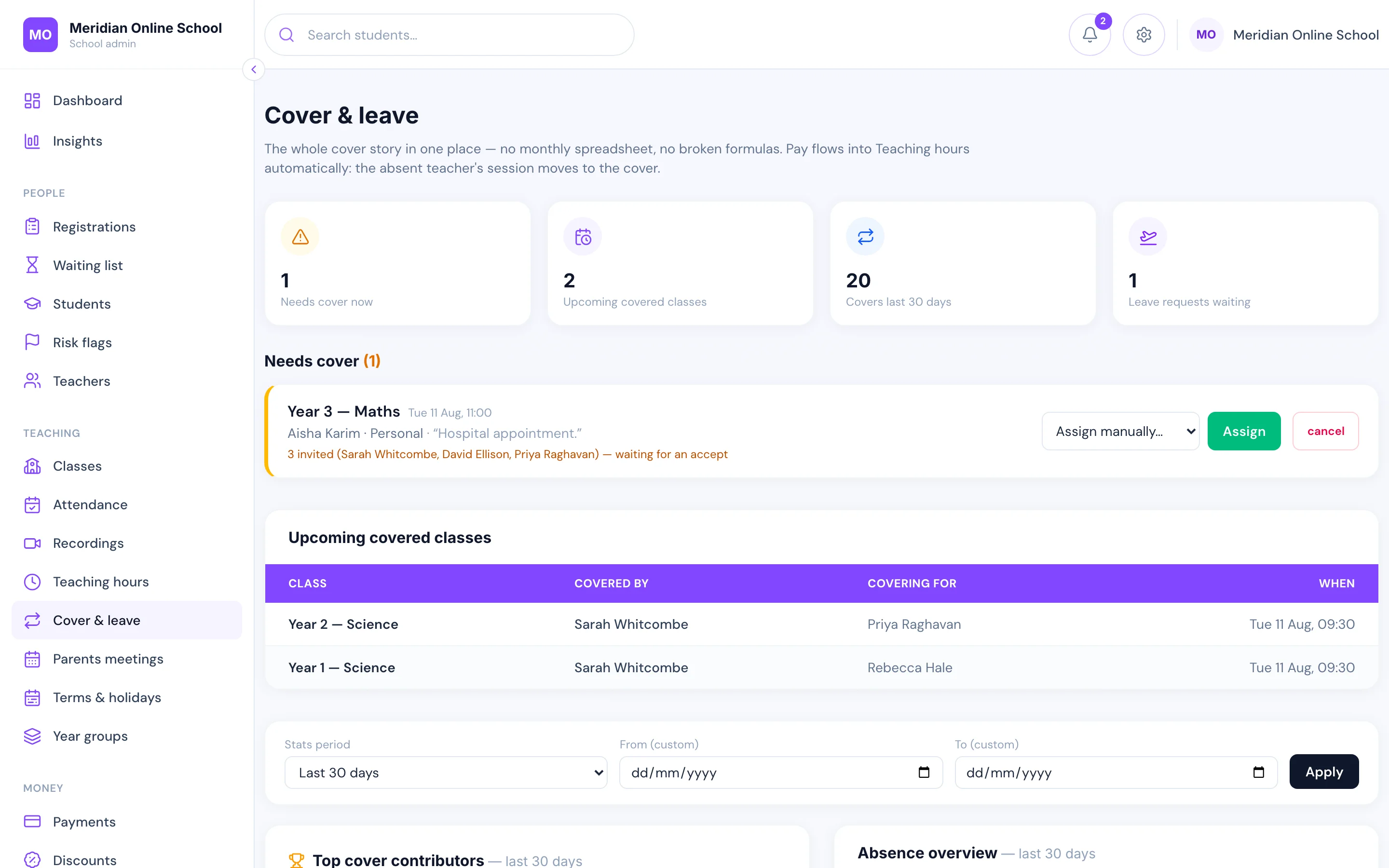 Teacher cover screen: an absence needing cover, the colleagues invited automatically, and the classes already covered