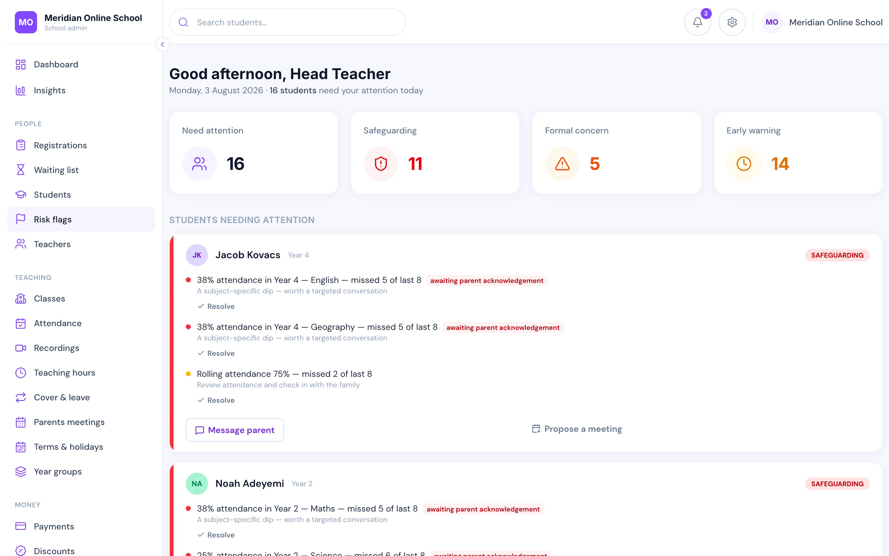 Risk dashboard listing pupils needing attention with reasons