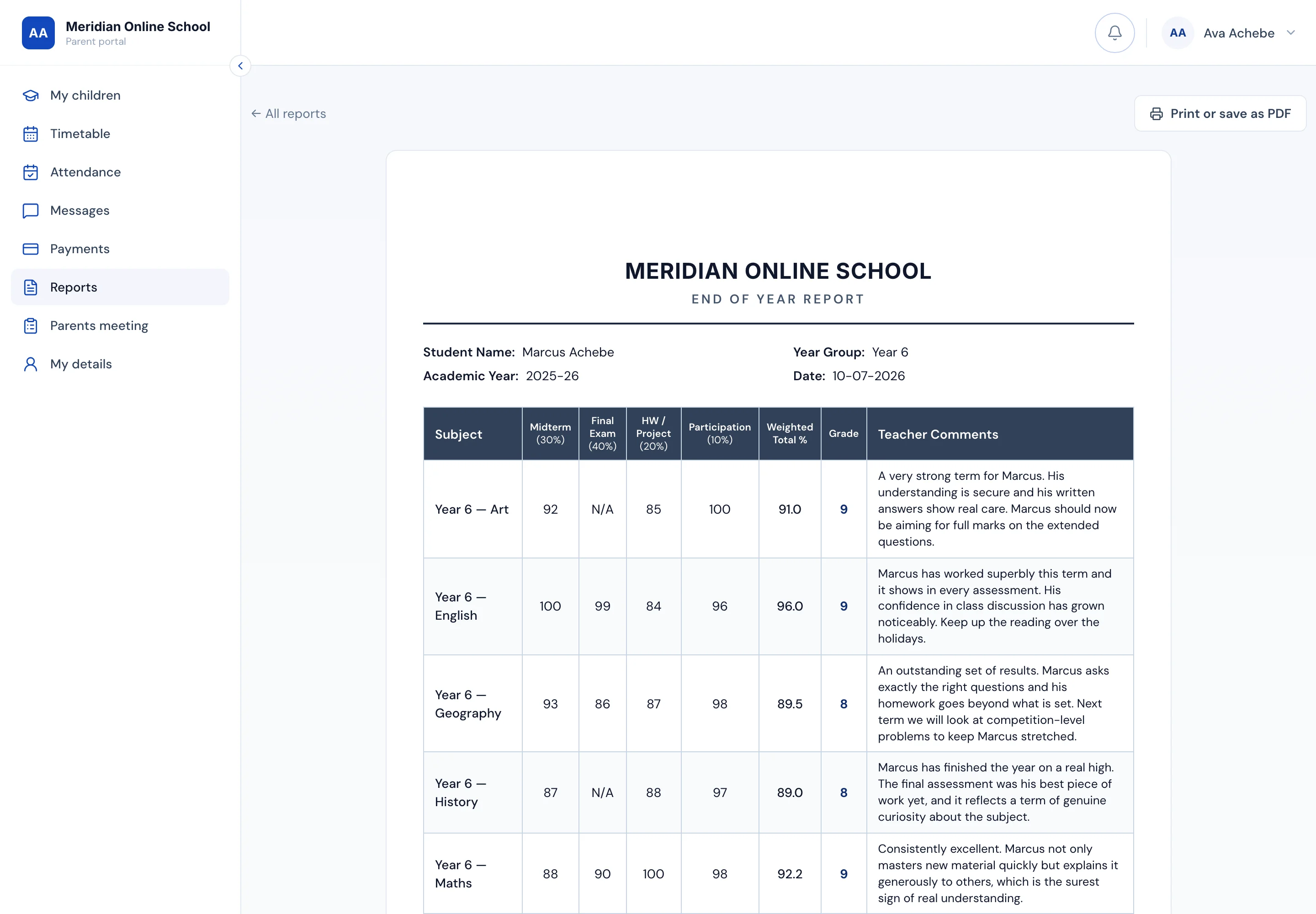 A published end-of-year report in the parent portal: subjects with component marks, weighted totals, grades and teacher comments, with a print-or-save-as-PDF button