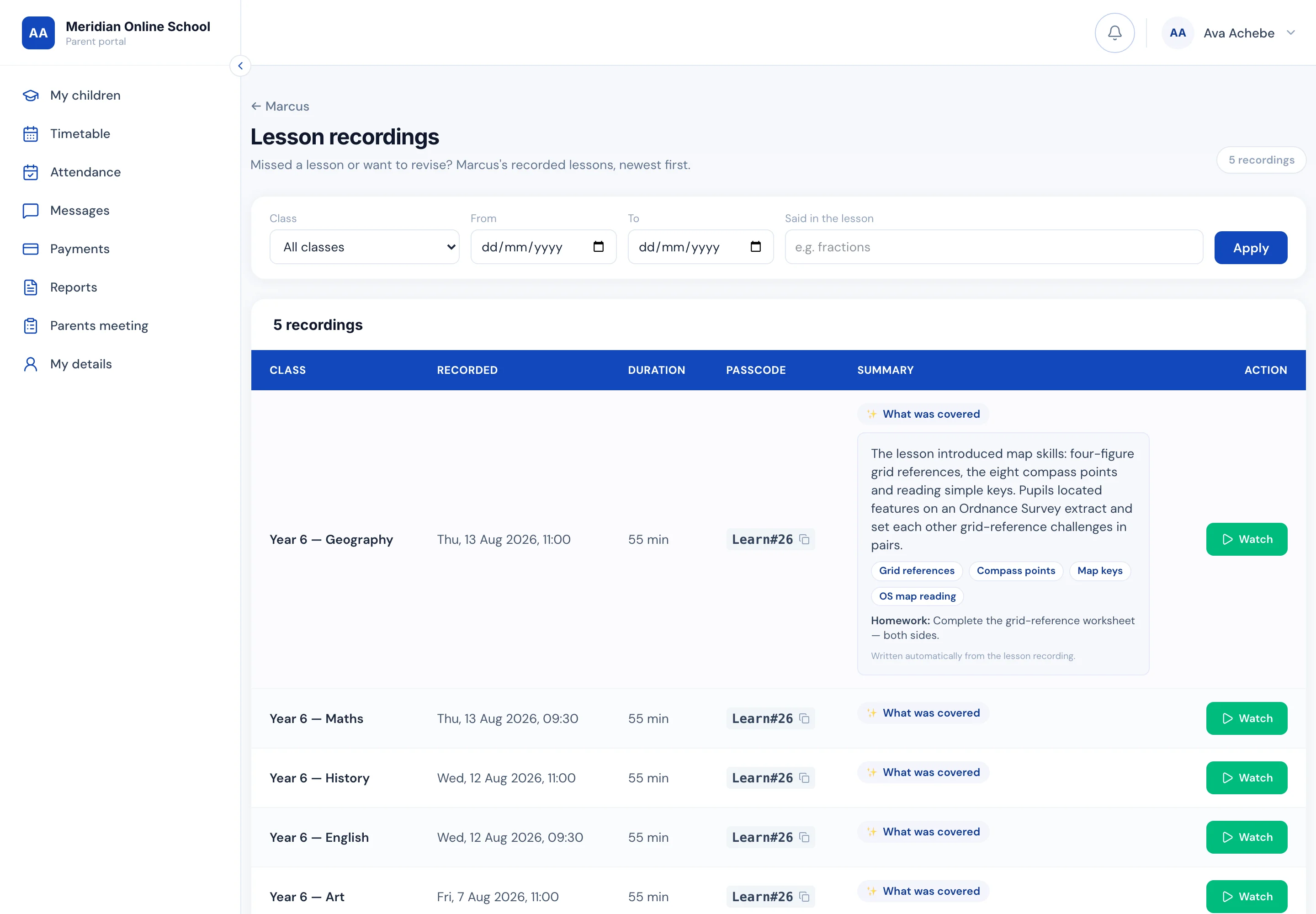 A child’s lesson recordings in the parent portal, each with an AI summary of what was covered, and a search box for what was said in the lesson